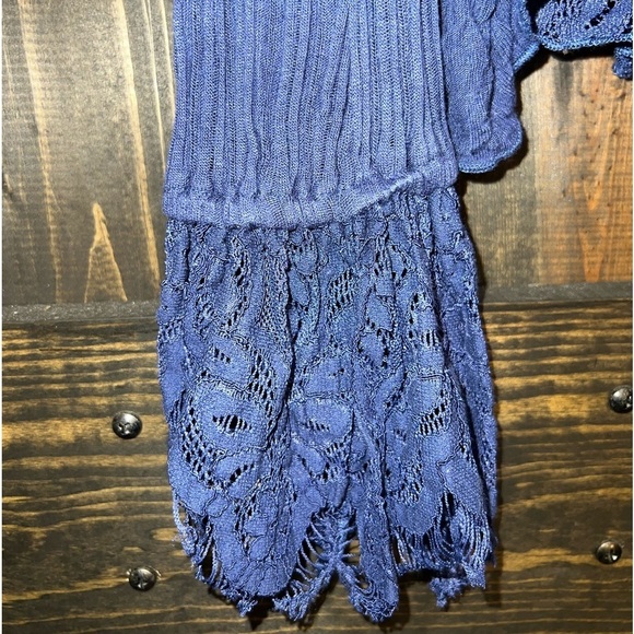 Free People Top M Georgia Lace Tunic Peasant Button Front Semi Sheer Navy Blue - Picture 6 of 13